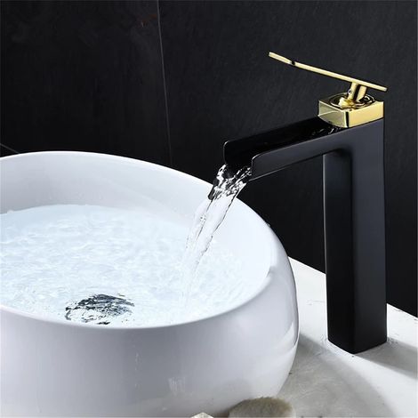 Robinet de Lavabo Noir et Or Haut, Eau Froide et Chaude 360° Rotatif à Double Articulation Murale Entrée Unique avec Tige de Vidange (1/5)