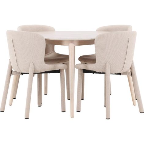 Flora Essgruppe Tisch Ø120cm und 4 Stühle whitewash, beige.