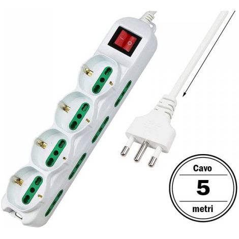 Multipresa Ciabatta Elettrica Cavo 5M Con 12 Posti 4 Prese Schuko 10/16A + 8 Prese Bipasso 2P+T 10/16A Interruttore (1/3)