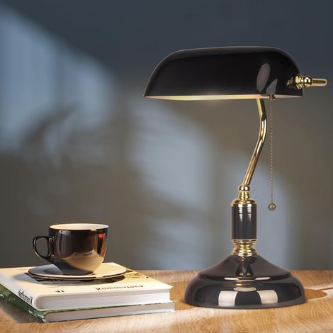 Ampoules non incluses Noir Lampe de Bureau en Verre pour Banquier avec Pied Noir Lampe de Table avec Interrupteur à Chaîne à Tirer pour Bureaux Salles D'études et Chambres à Coucher Bibliothèques (1/5)