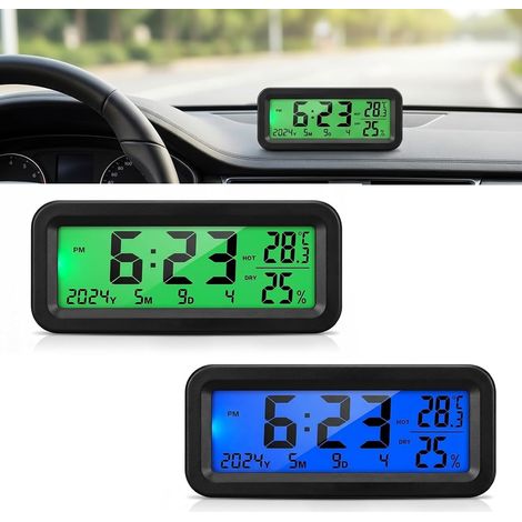 Mini horloge numérique électronique pour voiture, mini horloge numérique solaire, horloge numérique solaire pour tableau de bord, heure, date, affichage de la température, l'humidité (bleu-vert) (1/5)