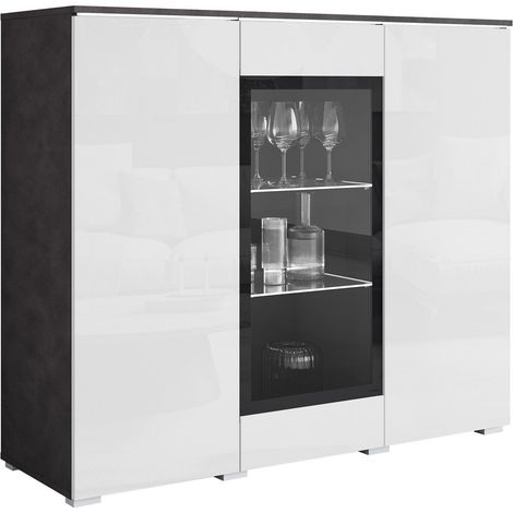 Aparador Mirfivo 103, Madera gris + Blanco brillante, 104x120cm, Número de puertas: 040cm, Vidrio templado, Aglomerado laminado, LED