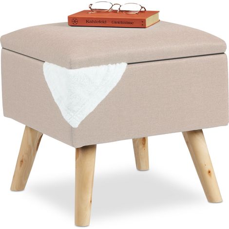 Relaxdays Hocker mit Stauraum, Kunstleinen-Bezug, gepolstert, Holzbeine, Fußhocker mit Deckel, HBT 40x40x40 cm, beige