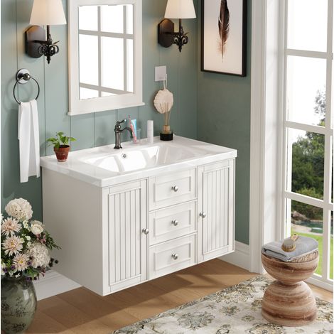 Mobile lavabo sospeso 78,5x46x46,8 cm in MDF bianco con lavabo in ceramica – MEUBLIV (1/5)