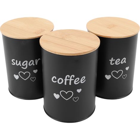 Set di 3 contenitori ermetici per caffè, zucchero e tè con coperchio in bambù, colore nero.