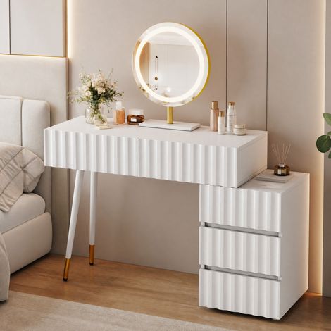 Tocador 100/40/127 cm blanco con espejo LED, 5 cajones y diseño moderno (1/5)
