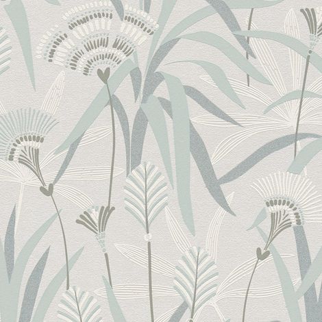 Papel pintado floral Profhome 399363 papel pintado no tejido ligeramente texturado con hojas de junco y acentos metálicos gris azul verde 5,33 m2 (1/5)