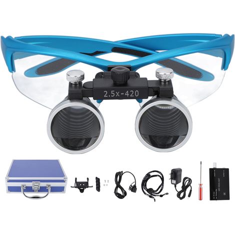 Loupe frontale lumineuse polie bleue 2,5X pour dentisterie, avec prise EU 100‑240V (1/5)