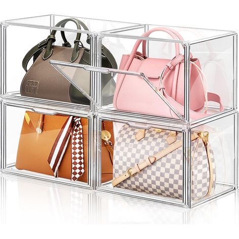 Lot de 4 grandes boîtes de rangement empilables en plastique transparent pour sac à main, boîte de rangement empilable avec porte magnétique pour sac à main, pochette, (1/5)
