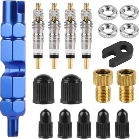 Presta Valve Cores, 18-Piece Kit with Removal Tool and Adapter for Road Bike and Car Tires (1/4)