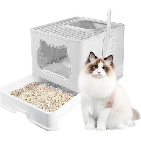 Trintion Cat Litter Box with Hooded, Large Space Foldable Cat Litter Tray, with Slide-Out Tray and Scoop (Grey) (1/5)