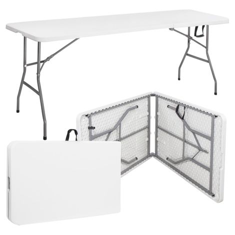 Faltbarer Bankett-Catering-Tisch 240 cm, zusammenklappbar in einen Koffer, weißer Garten- und Campingtisch.