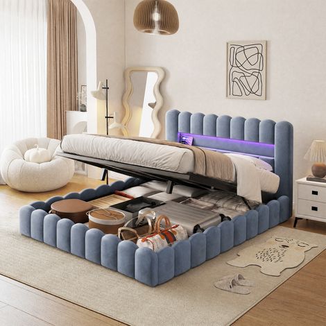 VASIEN Lit Coffre 180x200 cm,Cadre de lit capitonné en velours gris,Lit Double Rembourré avec rangement hydraulique,tête de lit LED et ports USB, sommier à lattes, matelas non inclus (1/5)
