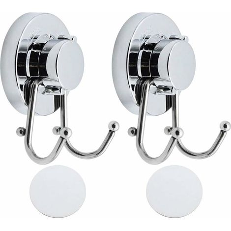 2 Piece Stainless Steel Suction Hook, Wall-Mounted Double Hooks, Towel Hook, Heavy Duty Suction Cup Hooks Holds Up to 6.8 Kg Bathroom, Bedroom - Chrome