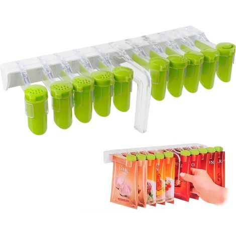 Etagere a Epices Murale, Presentoir a Epice Sans Perçage Support Epices Cuisine Suspendue Pour Paquets d'épices Avec 10 Clips De Fermeture, Pivotant Trois Sorties Organisateur d'étagère épices (1/5)