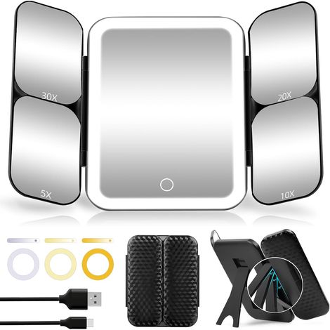 Miroir de Maquillage Lumineux à Trois Volets avec grossissement 30X/20X/10X/5X et grossissement 1X, Miroir de Maquillage de comptoir avec lumières pour Voyage, Bureau et Usage Domestique (1/5)