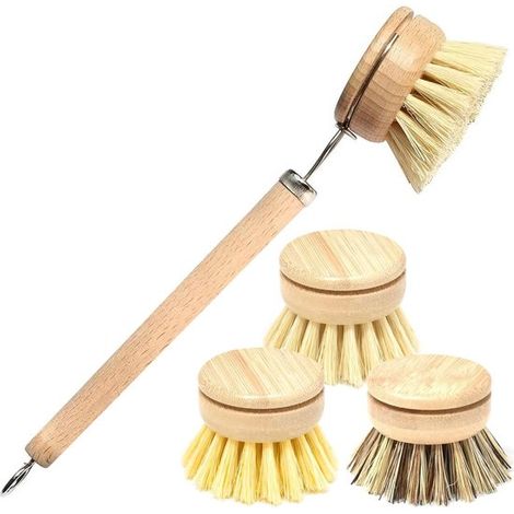 Spazzola per piatti naturale, spazzole da cucina, set per la pulizia, set con 3 testine di ricambio per pentole, padelle, bottiglie, lavelli (1/5)