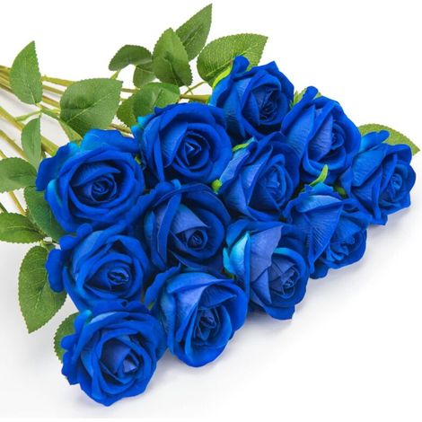 12 roses artificielles, fausses fleurs en flanelle, fleurs à tige longue unique avec boutons de rose pour décoration de mariage, maison, jardin, fête d'anniversaire (bleu)
