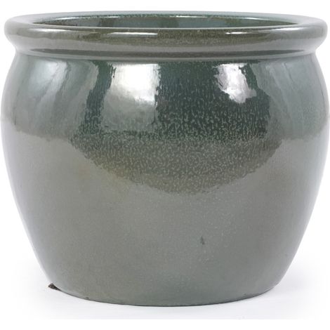 Maceta artesanal de cerámica Ø 23 cm azul verdoso antiguo brillante con orificios de drenaje (1/5)