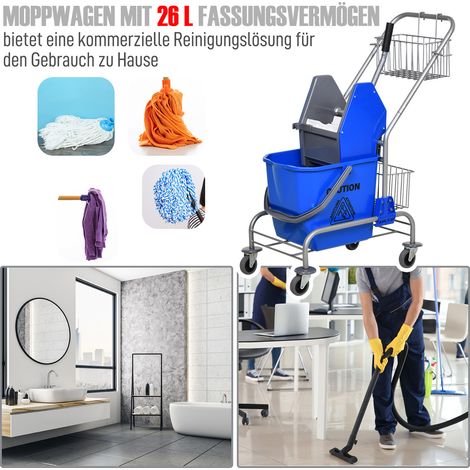Seau de ménage à roulettes bleu, seau à laver en plastique avec anse métallique pour serpillière (1/4)