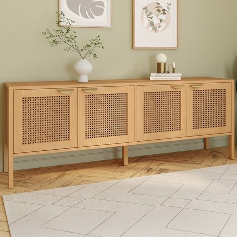 EDHEN Aparador bajo de 4 puertas de 160 cm en madera y mimbre