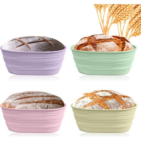 Panier de Fermentation Pliable en Silicone, Bol à Pain Résistant à la Chaleur, Outil de Boulangerie, Ovale 16,5 cm 6,5 Pouces, Lot de 4 Rose Vert Violet Jaune (1/5)