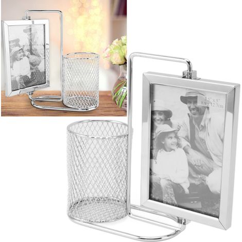 Cadre Photo Porte-Crayons Rotatif Double Usage Multifonction Grande Capacité Décoratif Bureau Maison Modèle [Série 2024] Stainless Steel [4x6/5x7] Argent 1pc (1/5)