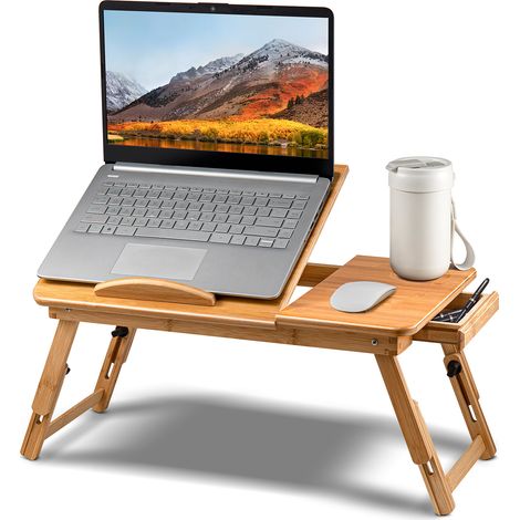 Holdfiturn Bamboo Laptop Bed Table Adjustable Laptop Table Laptop Desk Tray Table Foldable Breakfast Tray with Drawer (1/5)