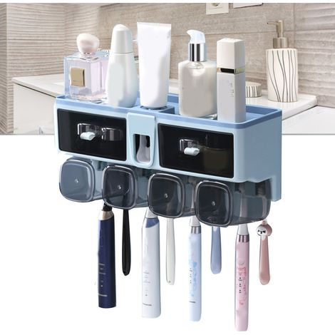 Étagère murale sans perçage pour brosses à dents, porte-gobelets pour bain de bouche, support de rangement pour toilettes, bleu, 4 gobelets (1/5)
