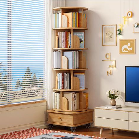 Libreria girevole a 360° a 6 ripiani con rotelle e cassetto, mobile salvaspazio per soggiorno o camera da letto, in MDF - legno (1/5)