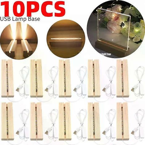 Support de lampe LED rectangulaire en bois avec port USB, socle pour lampe photo, porte-mémos et douilles pour lampe décorative. (1/5)
