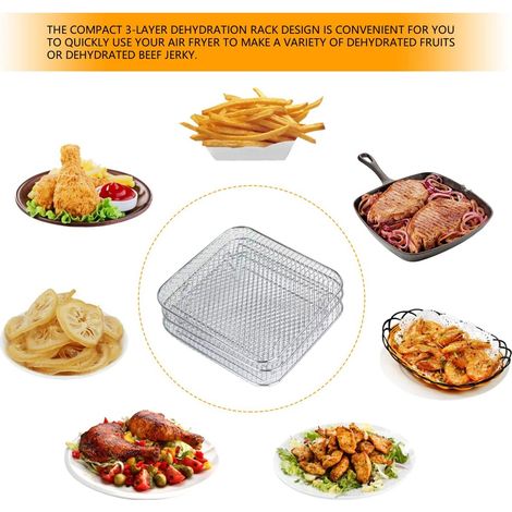 Lot de 3 grilles carrées à trois niveaux pour friteuse à air chaud (20 cm x 20 cm x 9 cm), en acier inoxydable 304. Taille unique. (1/5)