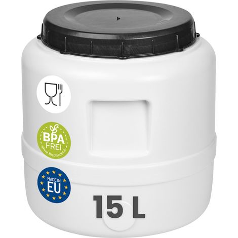 Garronda Fût Alimentaire 15 L Plastique HDPE Tonneau Baril Grande Ouverture pour Eau, Stockage et Fermentation Recupérateur d Eau de Pluie GD-0187 Blanc (1/5)
