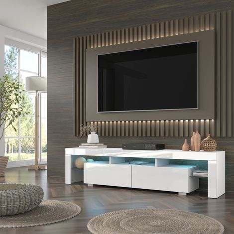 Mueble de TV PANAMA 190 cm blanco mate/blanco brillo + LED