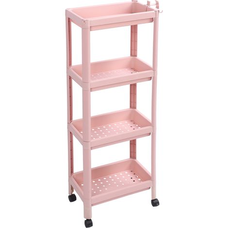 Étagère de salle de bain à poser au sol, 4 niveaux rose, stable et durable, rangement d'angle avec roulettes (1/5)