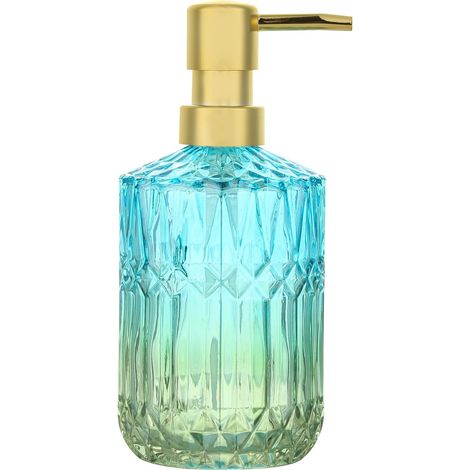 1 - Distributeur De Savon - Flacon En Verre - Pour Liquide Vaisselle Et Shampoing - Salle De Bain Et Cuisine - Bleu Vert - 500ml