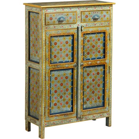 Mobiletto etnico dipinto con 2 ante e 2 cassetti blu giallo Frida (1/3)