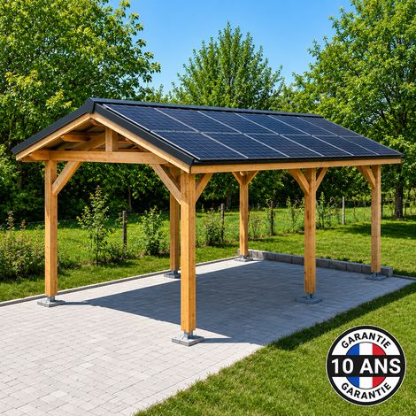 Carport bois 2 pentes en bois douglas 33 m², 6 poteaux avec pieds de poteaux fixes. Abri voiture extérieur. Garantie 10 ans. (1/5)