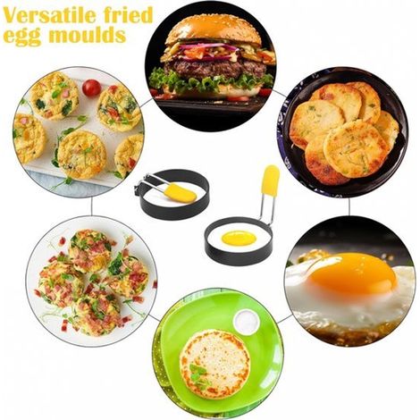 Molde para hornear huevos,4 piezas,Acero inoxidable,Molde para huevo frito,Tortita de huevo frito,Con brocha de aceite,Moldes para huevos,Negro (1/4)