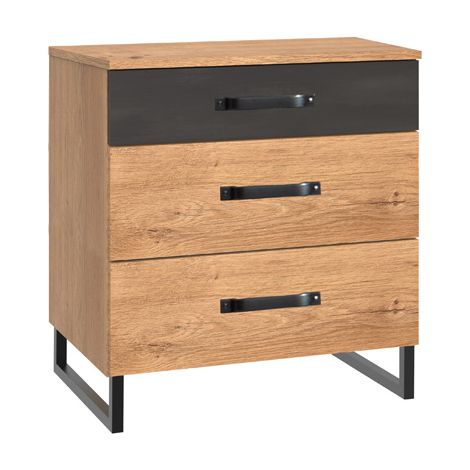 Commode à tiroirs Imitation chêne poutre rechampis raw steel - L58 x H64 x P41 cm -PEGANE-