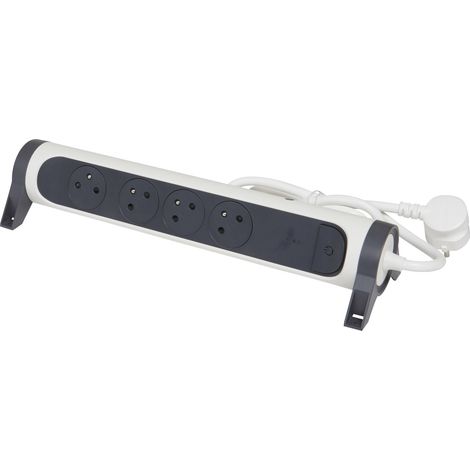 Legrand - Rallonge multiprise avec bloc rotatif de 4 prises 2P+T Surface , interrupteur , disjoncteur , indicateur de charge - Blanc/Gris foncé