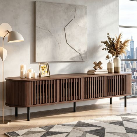 Meuble TV noyer 178x39-5x49-5 cm avec rangements 4 portes étagères moderne en MDF bois métal (1/5)