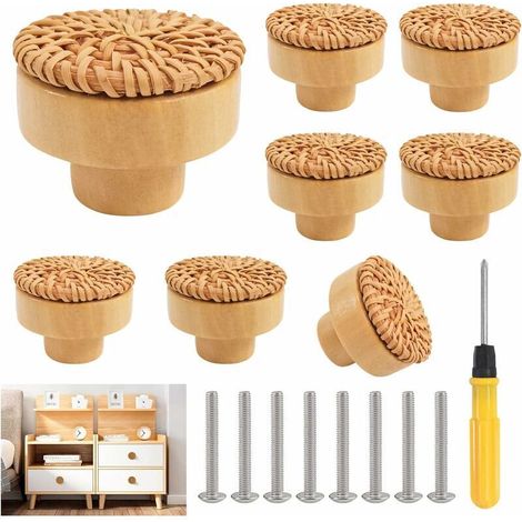 8 Stück Rattan-Küchenschrankknöpfe, Küchenmöbelgriffe, Türknöpfe für Möbel, Schubladen, Schränke, runde Holzknöpfe für Küche, Schlafzimmer, Kommode, Schrank, Türersatz (1/5)