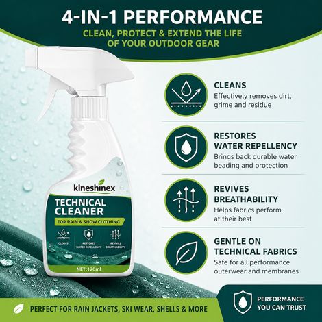 KineShineX Professioneller Reiniger für Outdoor-Bekleidung – Wasserdichtes, atmungsaktives Textilpflegespray für Regen und Schnee (1/5)