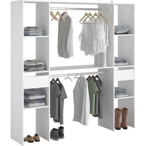 Kit dressing blanc moderne 176x180 cm – 2 colonnes, 3 étagères, 1 tiroir, 1 tablette, 2 tubes de penderie – Optimise l'espace de rangement (1/3)