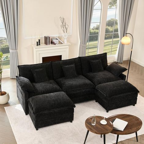 U-förmiges Sofa 3-Sitzer Ecksofa mit Hocker, Chenille, Schwarz (1/5)