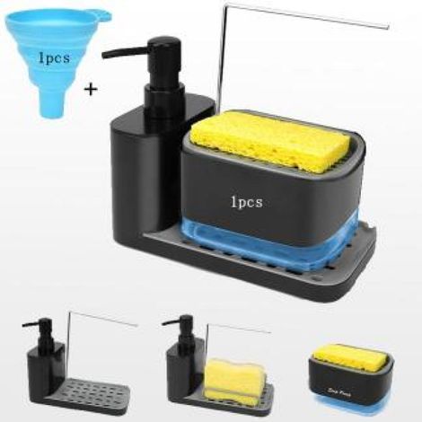 Distributeur de Liquide Vaisselle de Cuisine,Accessoires de salle de bain,Distributeur de Savon 4 en 1, Distributeur de Savon à Pompe avec Porte-éponge, Distributeur de détergent Rechargeable (Noir) (1/5)