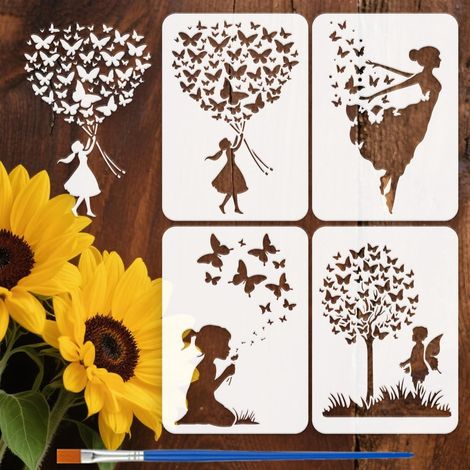 4Pcs Pochoir de Peinture Personnes et Papillons 21x29.7cm (1/5)
