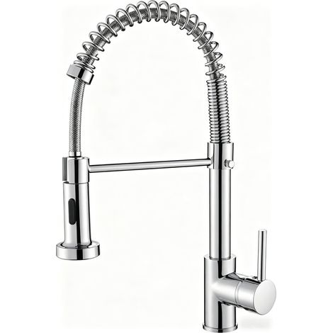 Robinet mitigeur d'évier de cuisine, robinet de cuisine à ressort avec pulvérisateur extractible, 2 modes de pulvérisation, robinet de cuisine à levier unique à arc haut (chromé) (1/5)
