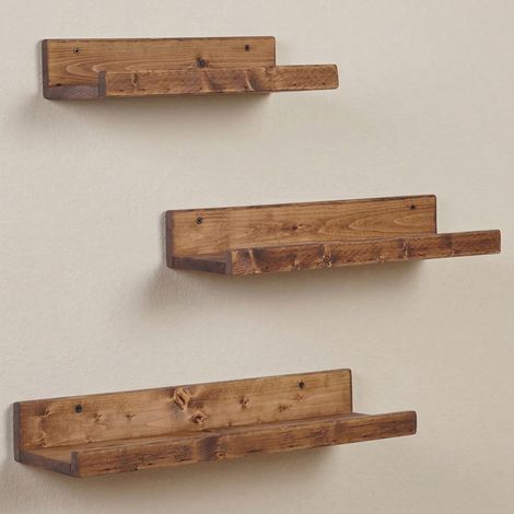 Mensola Piazzolo, 3 Ripiani, Fatto a Mano, set da 3 Mensole, Sfumatura Colore Struttura Noce, 60x15x8h cm Marrone Noce (1/4)